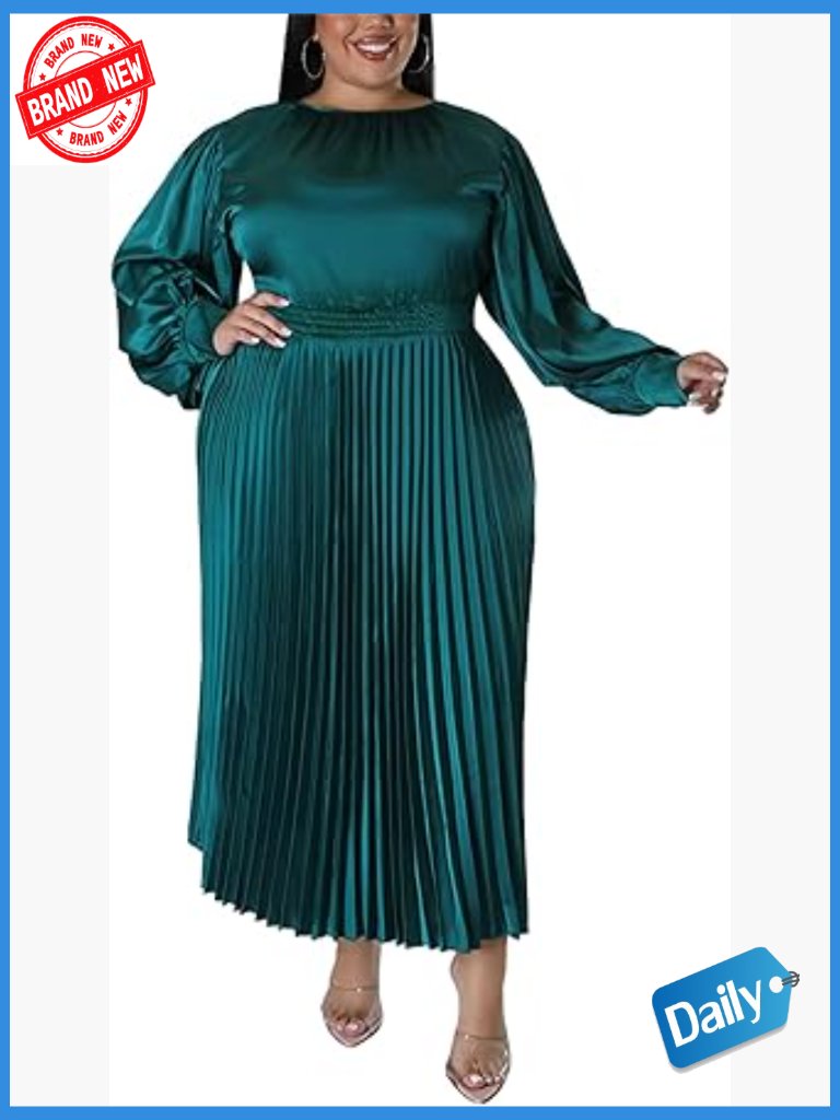 Plus Size Maxi Dress Long Sleeve Pleated Swing Silk Dress Fall